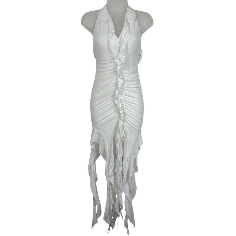 Edge BKS White Call On Me Mesh Layered High Low Ruffle Bodycon Dress Small S